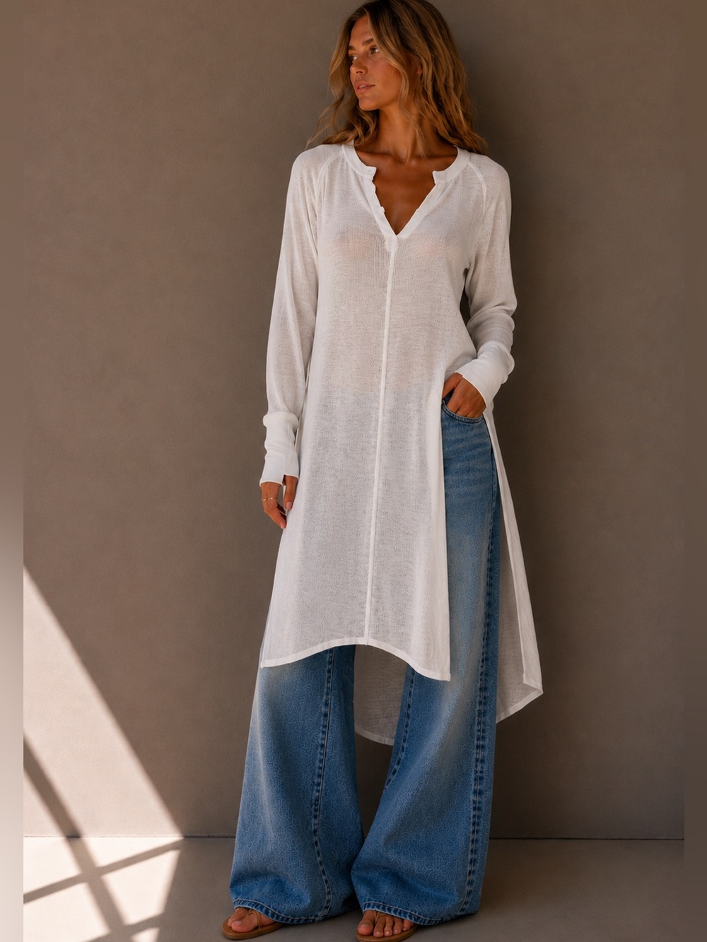 Urban Outfitters White Longline Thermal Tunic - medium